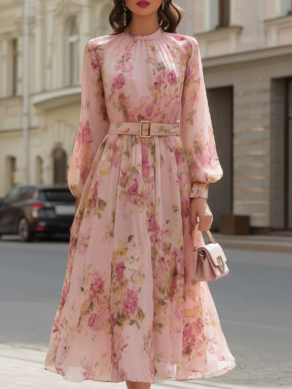 ZARA Printed Long Sleeve Tie Waist Elegant Maxi Dress